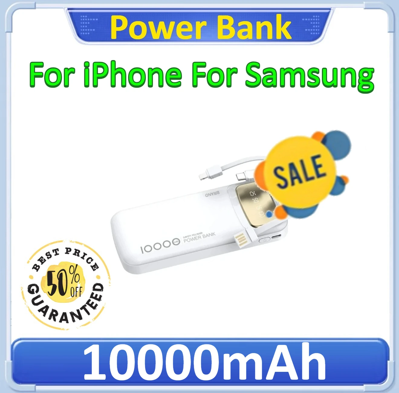 

10000mAh Power Bank Charger For iPhone For Samsung With Built-in Cable Certified Digital Display Fast Charging External Battery