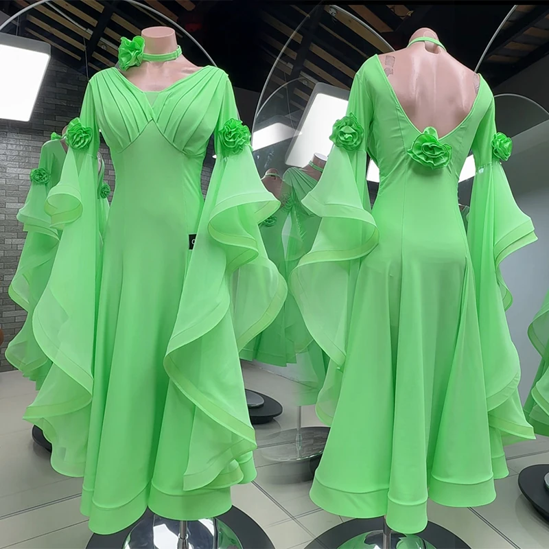 

2026 Green Ballroom Dance Dress Standard Women Long Sleeve Modern Dancing Dress Waltz Competition Performance Stage Wear AMY3208