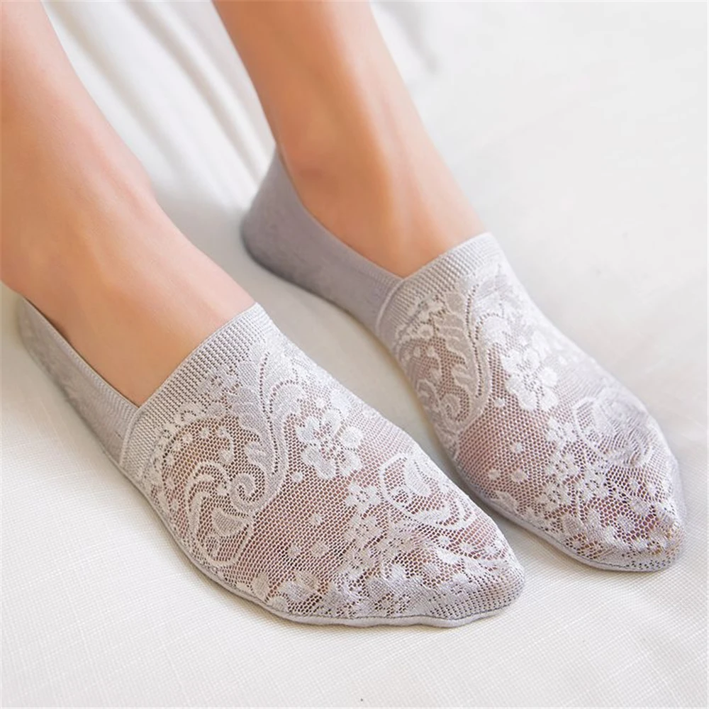 Stylish Flower Lace Cotton Short Socks for Beautiful Women, Summer Fashion Anti-skid Non-Slip Invisible Sokken Dropship