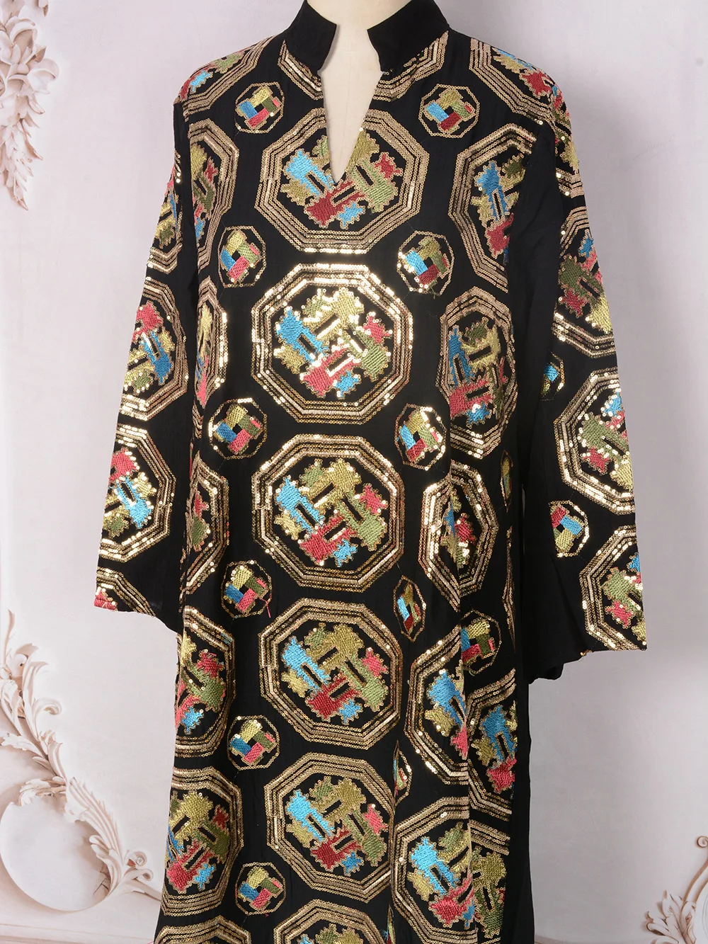 African Muslim Abaya Dress, Sequins & Thread Embroidery Long Sleeves Evening Party Ramadan Eid Islam Dubai Kaftan Arabic Gown