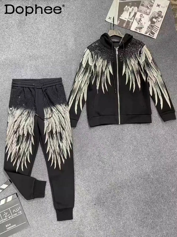 Men's 2025 Spring New High-end Sets Fashion 2pcs Light Luxury Trendy Wings Hot Diamond Jacket Top Chic Full Diamond Casual Pants