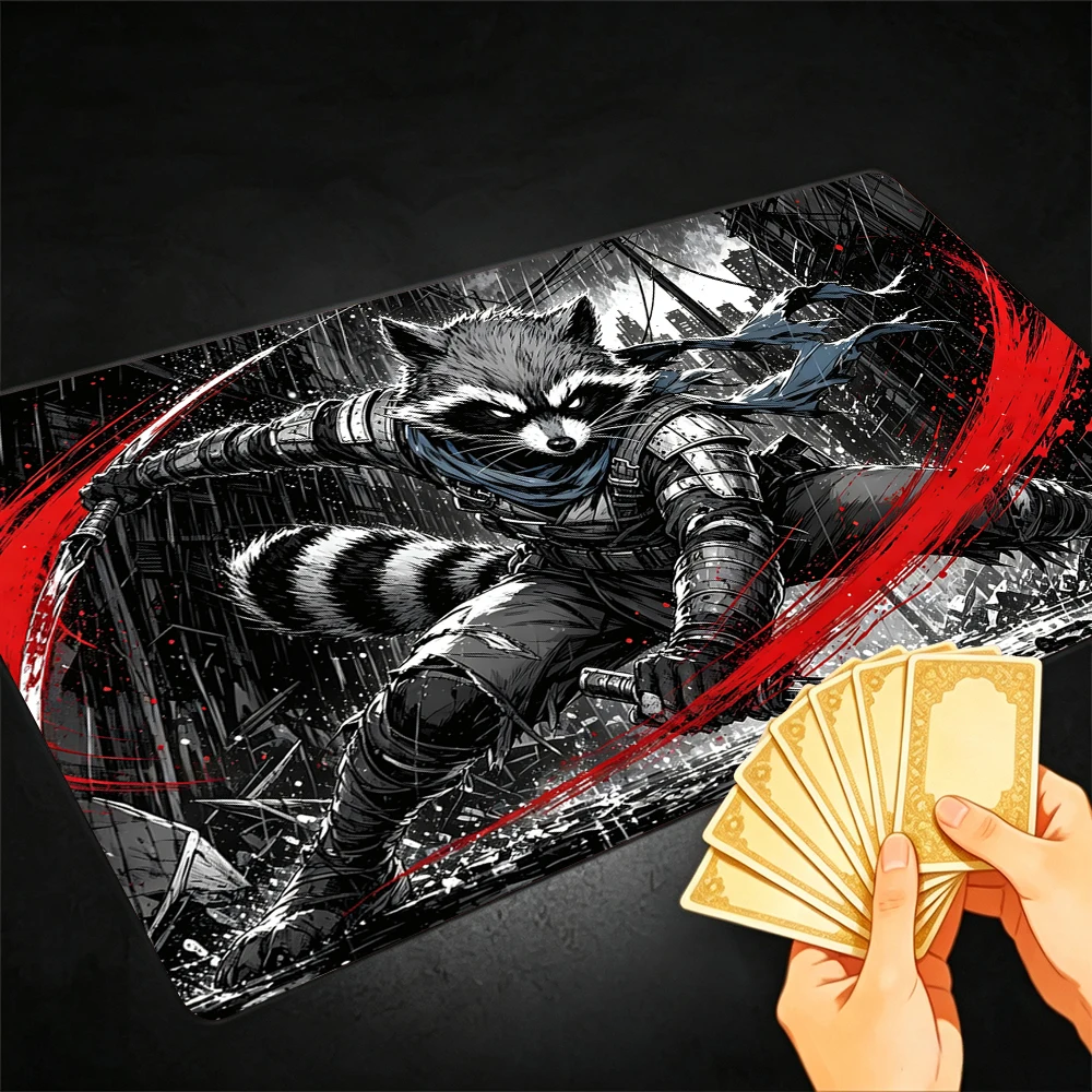 Cool Raccoon Warrior TCG Playmat Magic Playmat Gathering Gaming Mat with Stitched Edge Anti-slip base 60X35cm Trading Card Game
