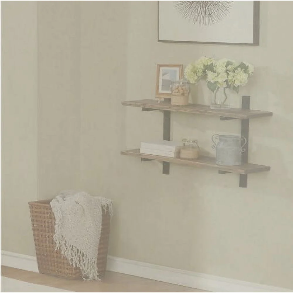 

36 Inch Wall Shelf Solid Birch Wood and Metal Display Rack 2 Shelf Storage Rustic Home Office Decor Easy Mount