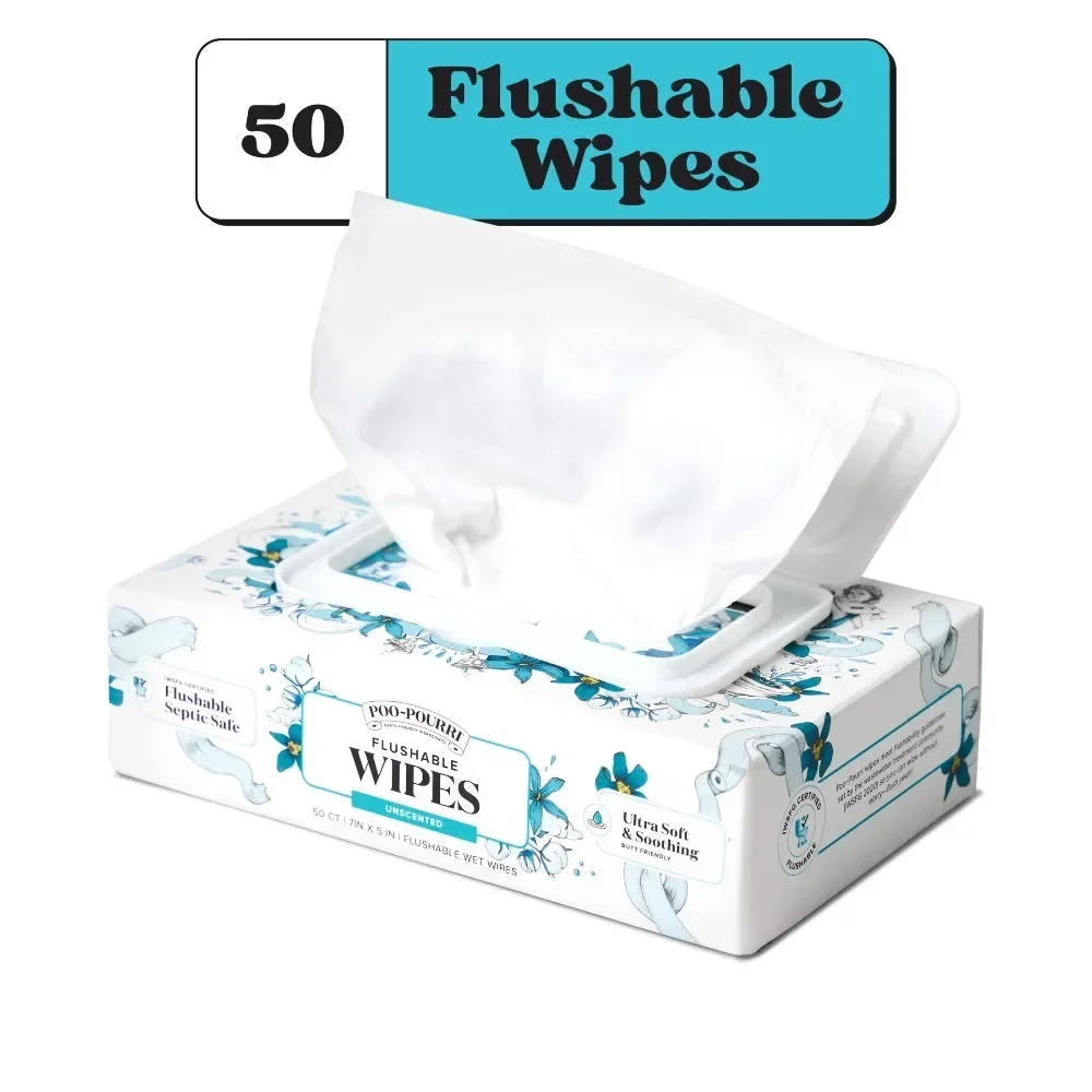 Poo~Pourri Flushable Wipes Unscented Fragrance-Free 50ct Biodegradable Cleansing Cloths for Adults Gentle Moist Toilet Wipes Portable Travel Pack