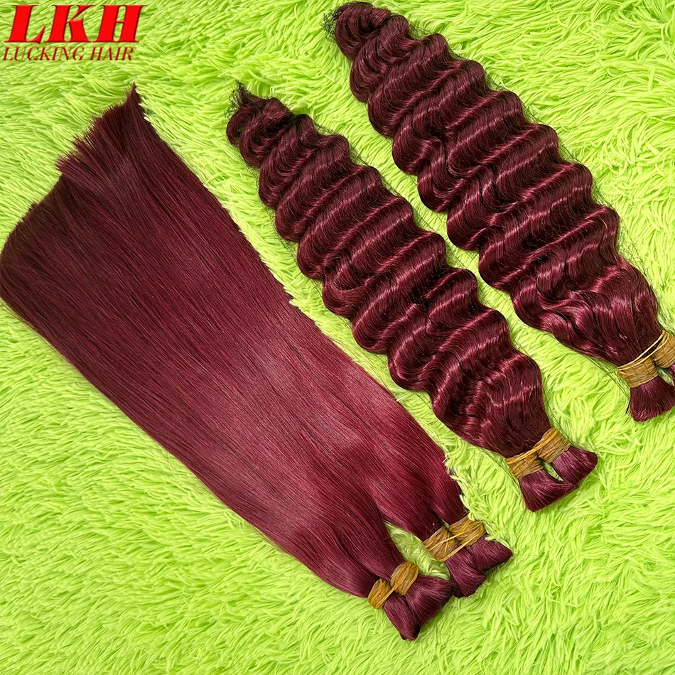 Straight Curly Deep Wave Human Hair Weave Bundles 99J Red Hair Bulk Extensions For Women Brazilian Burgundy 3/4 Bundles Bulk