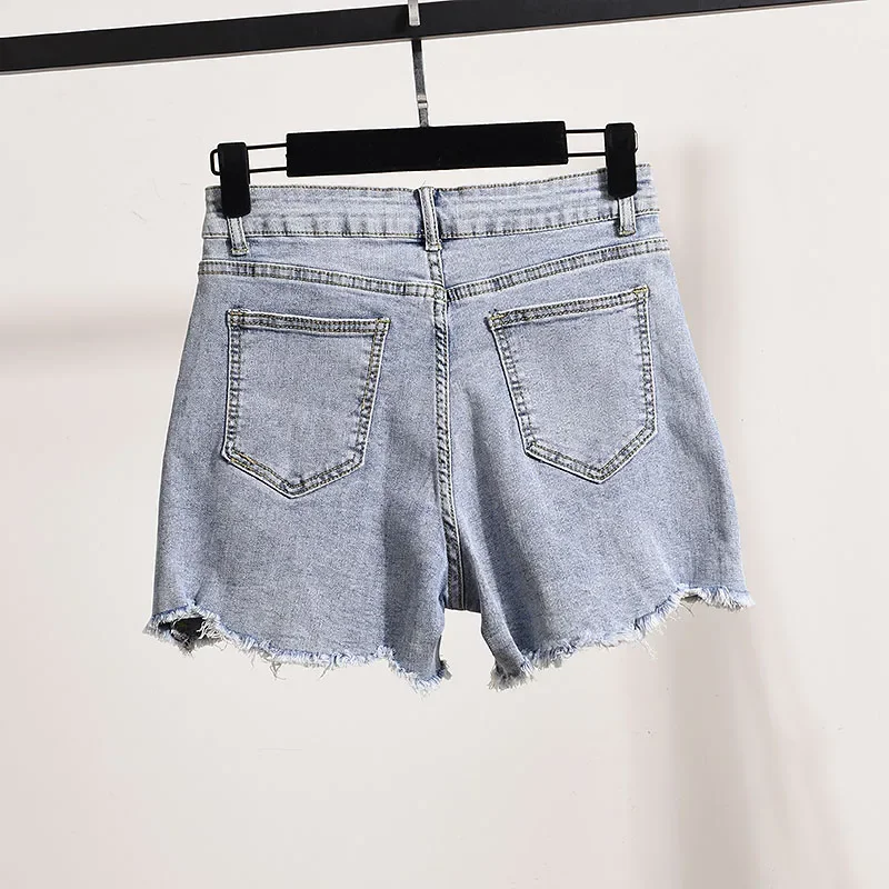 Potdemiel High Waist Slimming Light Color Embroidered Beaded Cartoon Denim Shorts 2024 Summer Fashion Frayed Hem Hot Short Pants