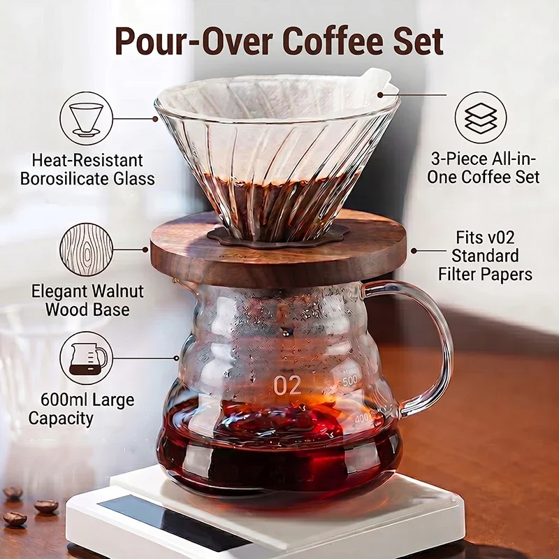 600ml Wavy Borosilicate Glass Coffee Share Pot Set, V02 Fluted Glass Filter Cup with Walnut Wood Base, Complete Hand Drip Coffee