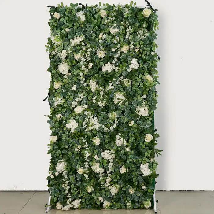 Custom series 3D white roses and green leaves rolled artificial plants Milan Turf flower wall outdoor wedding garden decoration