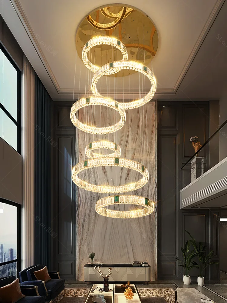 Shilan duplex staircase large chandelier, living room chandelier, light luxury crystal lamp, grand and high-end villa jump floor