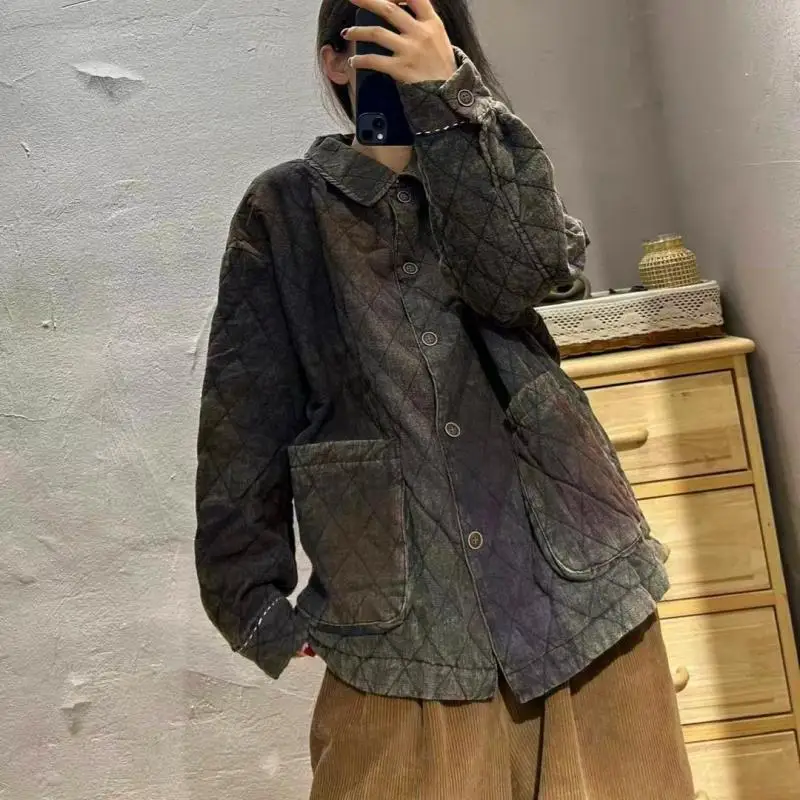 

Autumn New Arts Style Women Long Sleeve Single Breasted Loose Jackets Vintage Tie Dye Design Cotton Linen Coats High Quality