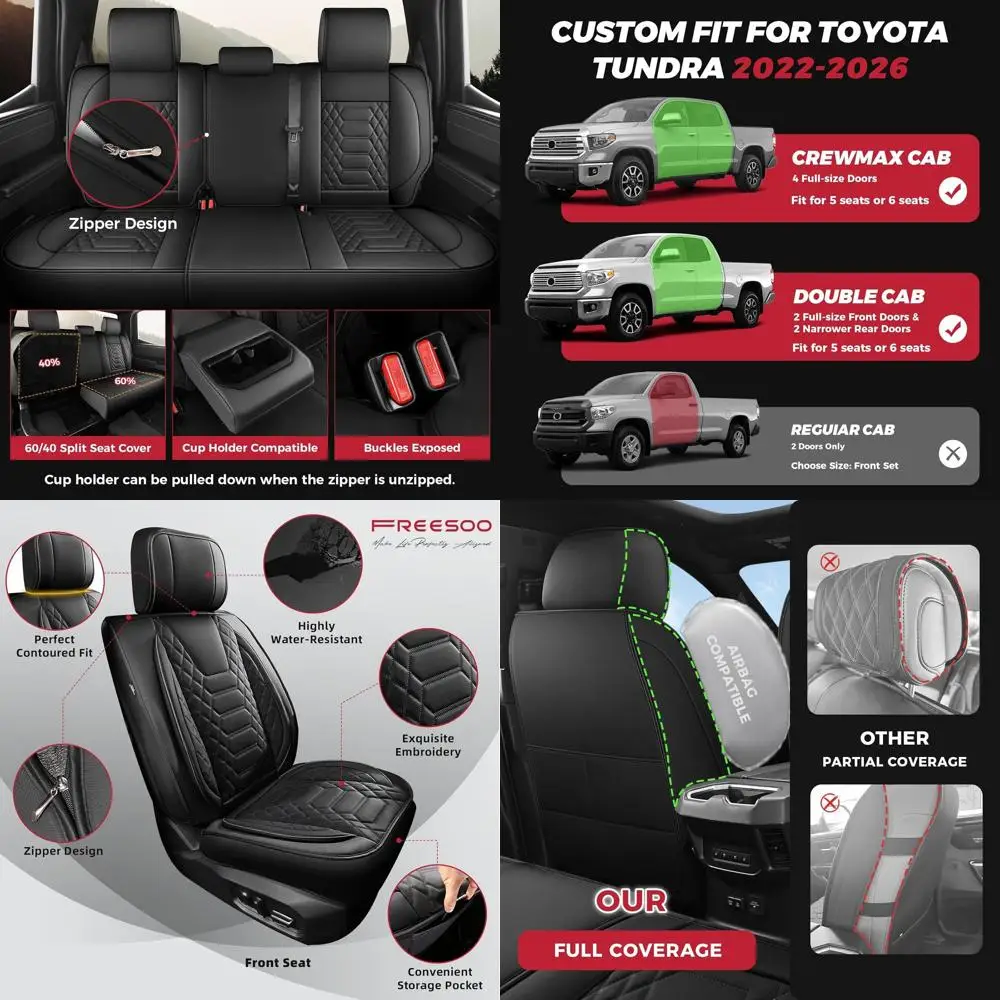 

Tundra Seat Covers 2026 2025 2024 2023 2022 Full Set, Fit for Toyota Tundra Crewmax Double Cab, Custom Truck Seat Covers with Wa