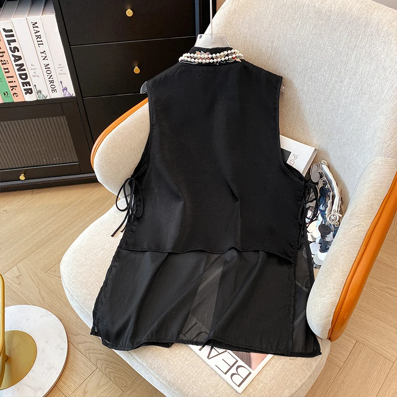 Vintage Chinese Stijl Vesten Jas Gestikt Mesh Geborduurde Gesp Tang Kostuum Jas Zomer Uniek Mouwloos Damesvest