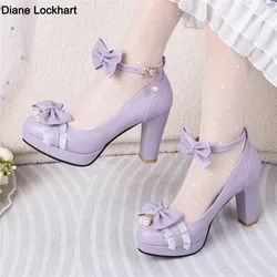 Spring Ankle Strap Women High Heels Mary Jane Pumps Party Wedding Cosplay White Pink Black Bow Princess Cosplay Lolita Shoes
