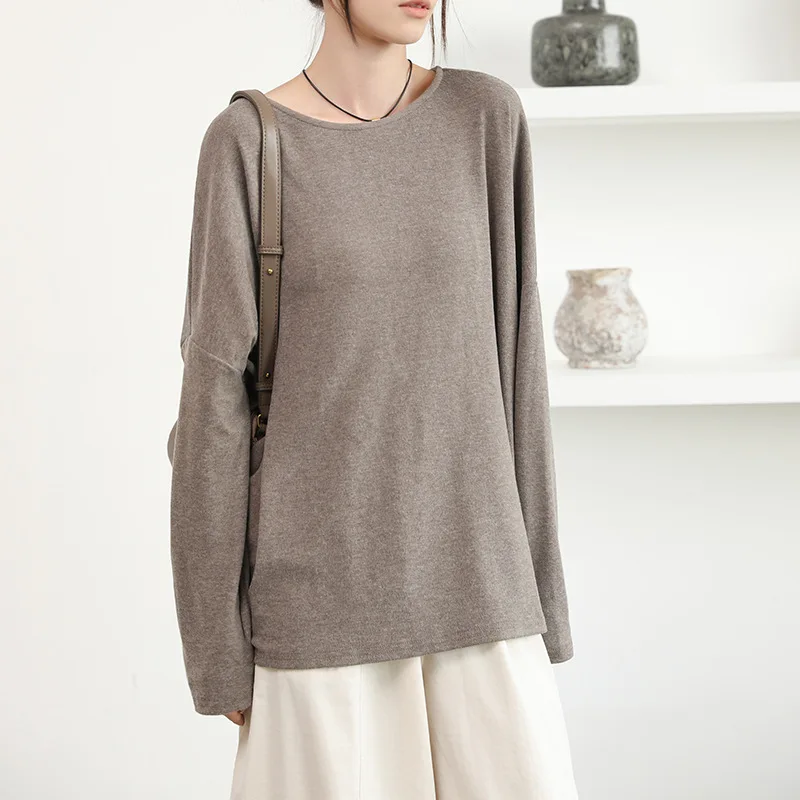 Japanese and Korean early autumn new women's T-shirt loose solid color round neck off-shoulder lazy casual long-sleeved top