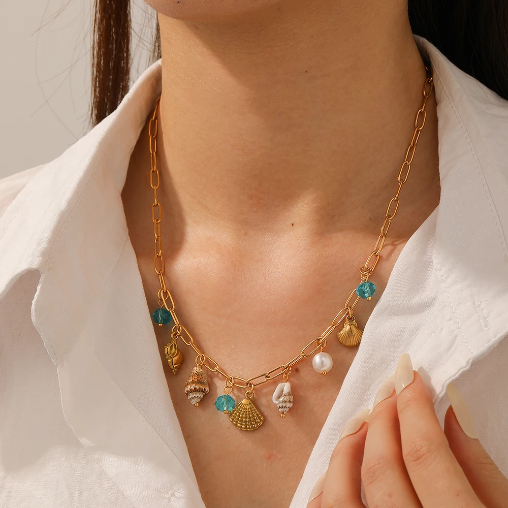 DIEYURO 316L الفولاذ المقاوم للصدأ الأزرق كريستال شل محارة اللؤلؤ قلادة قلادة المرأة موضة جديدة المحيط نمط سلسلة عنق مجوهرات