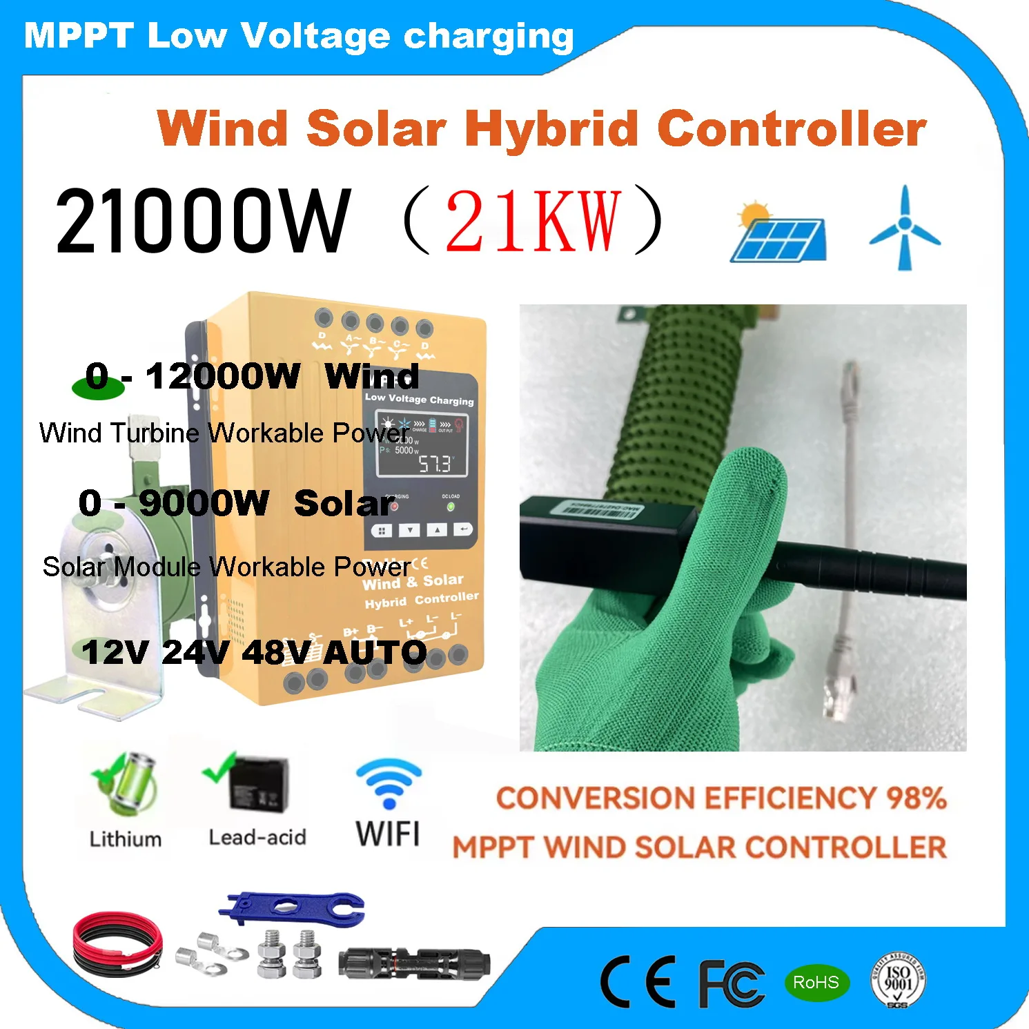 

5000W MPPT Wind Solar Hybrid Charge Controller 12 24 48V 30A 60A LCD Display Wifi Monitor For Lifepo4 Lithium Lead Acid Battery