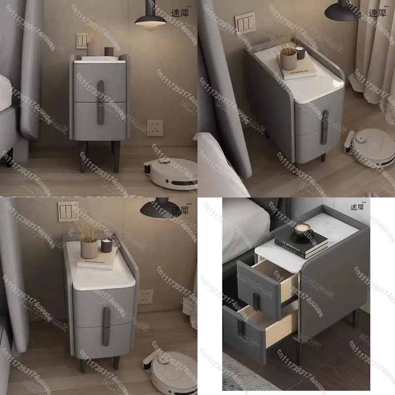 Modern Style Wooden Bedside Table Mini Narrow Leather Nightstand with 2 Drawers Side Storage Cabinet Hotel End Table for