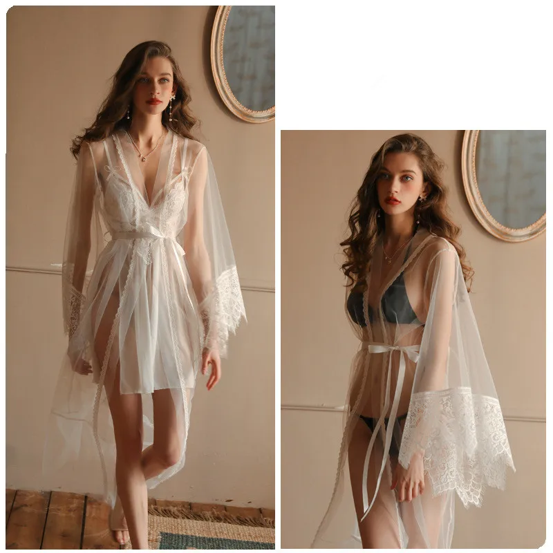 Wedding Dresses New Long Sleeve Thin Sleepwear Bathrobe Women Perspective Sexy Shower Robe Female Nightwear Kimono Gowns