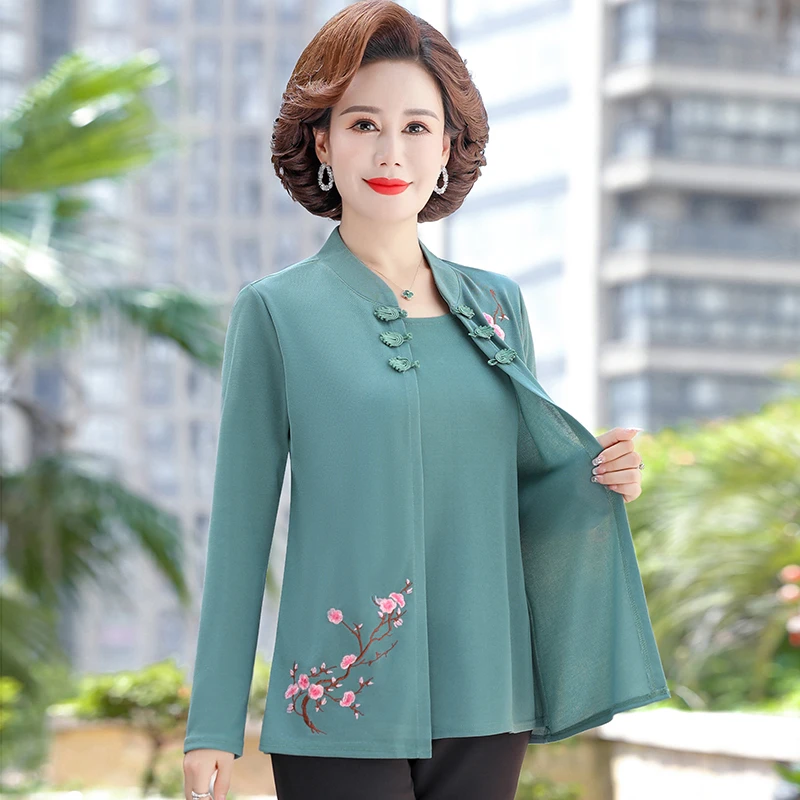Long Sleeve Shirt Fake Two Piece Autumn Middle-aged Mothers knitting embroidery solid color Knitted Casual Loose Top