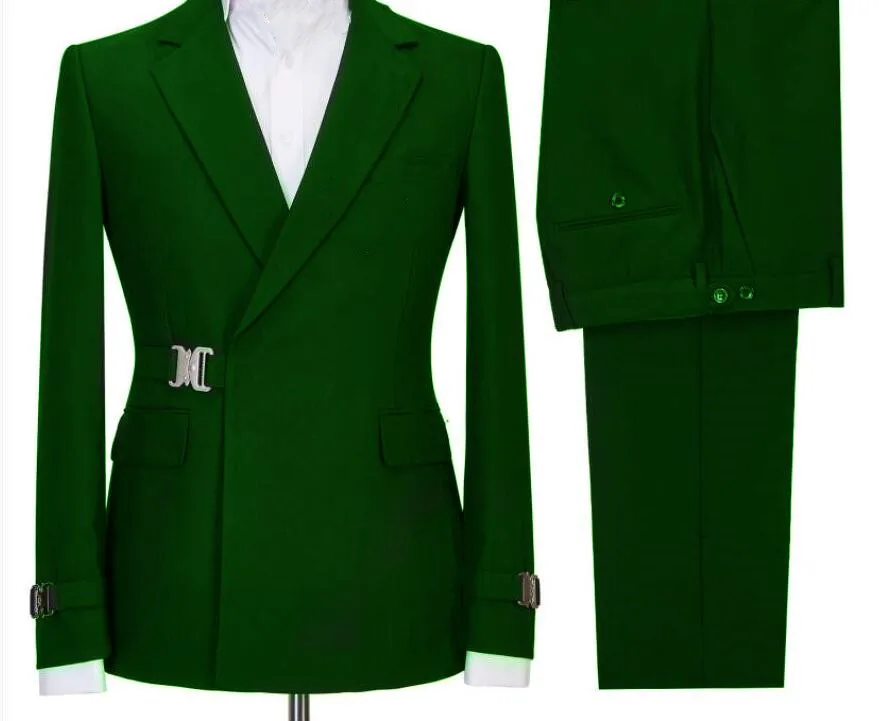 

2022 New Prom Green Men Suits Fashion Formal Jacket Trouser 2 Pieces Set Metal Side Release Buckle Elegant Wedding Evening Dress