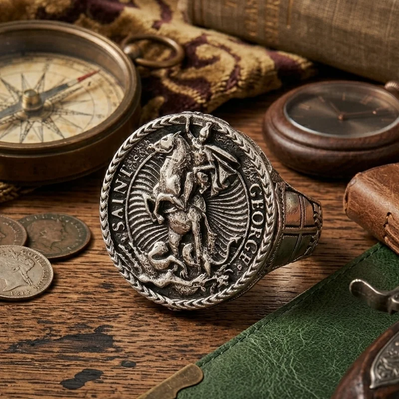 

Buy 4 Get 1 Free This Saint George and the Dragon Men Ring captures a legendary moment in metal knight's lance pierces the beas