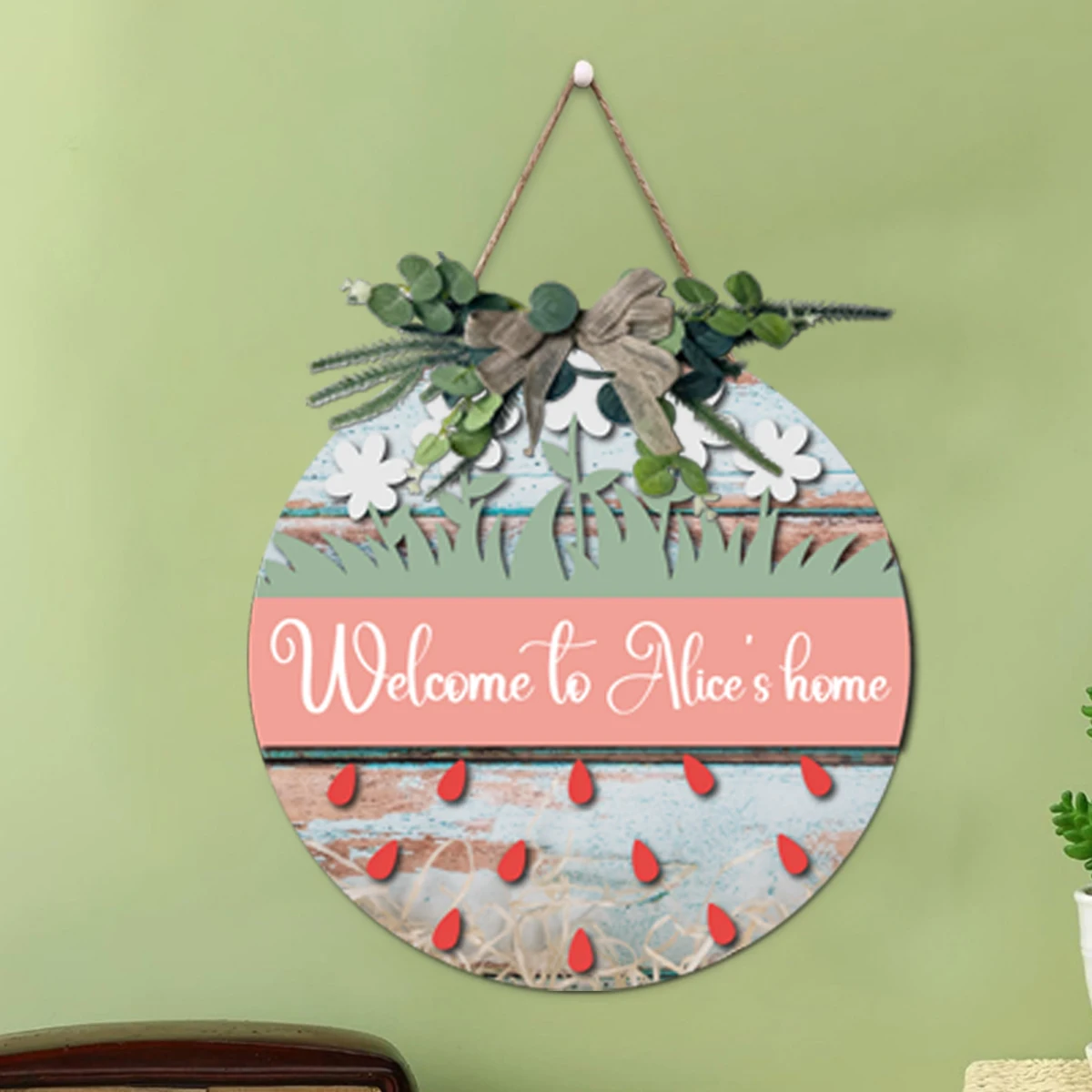 Custom Strawberry Family Name Wooden Door Sign, Personalized Round Hanging Plaque, Spring Farmhouse Front Porch Home Wall Decor view 5