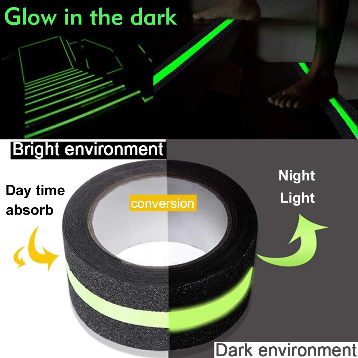 Black tape with 4 strips of 6mm luminous function, 10cm x 10.6m, can be cut, self-adhesive, suitable for indoor or outdoor stairs, bathtubs, and boats. Anti-slip grip tape for stairs and steps, safety grip tape
