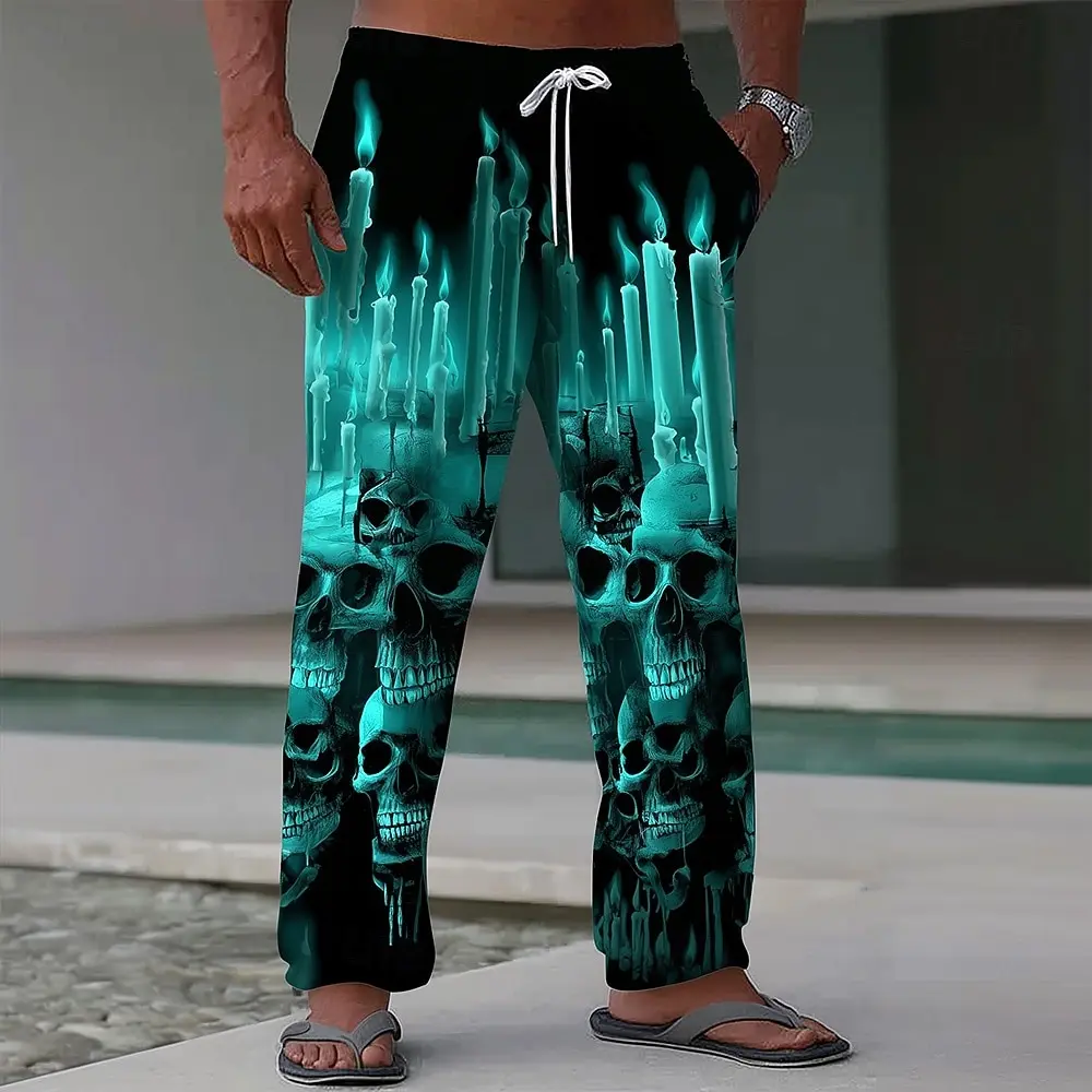 Men's Vintage flame Skull  Pants 3D Print Wide Leg  Waist Casual Summer Holiday Loose Lightweight Beach Trousers Men Clothing