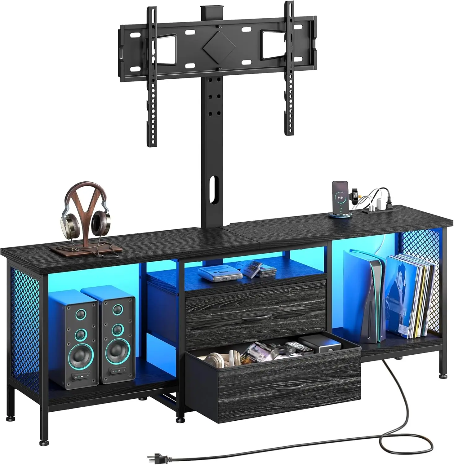 55"W TV Stand with Mount and Power Outlet for 32/45/55/60/65 Inch TV, Swivel and Adjustable LED TV Console with 2 Fabric