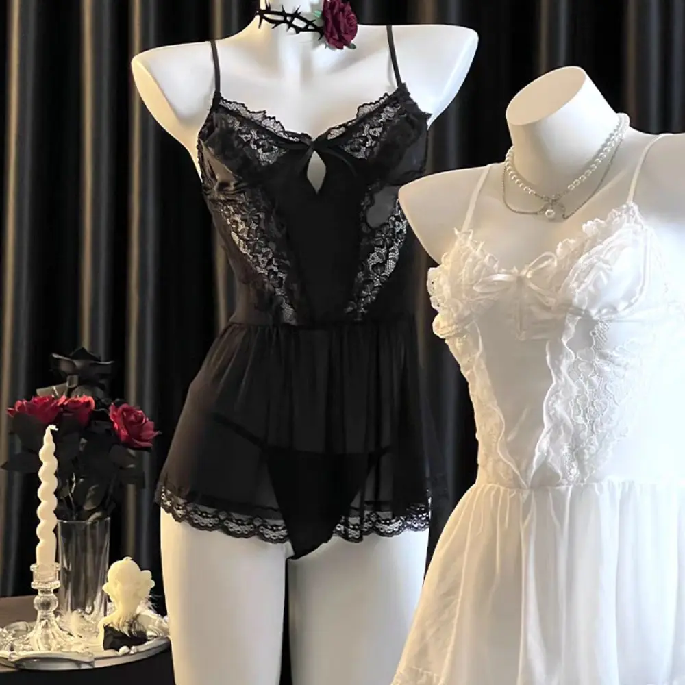 

Pajamas Bowknot Lace Nightgown Hollow Women Lingerie Sling Nightwear Transparent Sweet Lace Mesh Nightdress Home