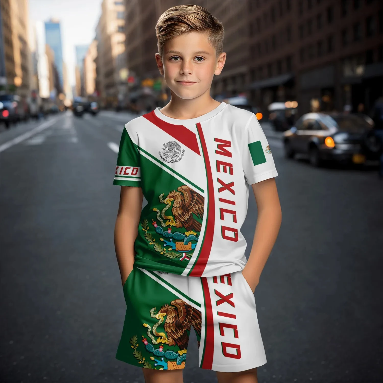 Summer New Children\'s Clothing Set 3d Printed Mexican Independence Day Boys Shorts + Short-Sleeved T-Shirt Casual Clothing