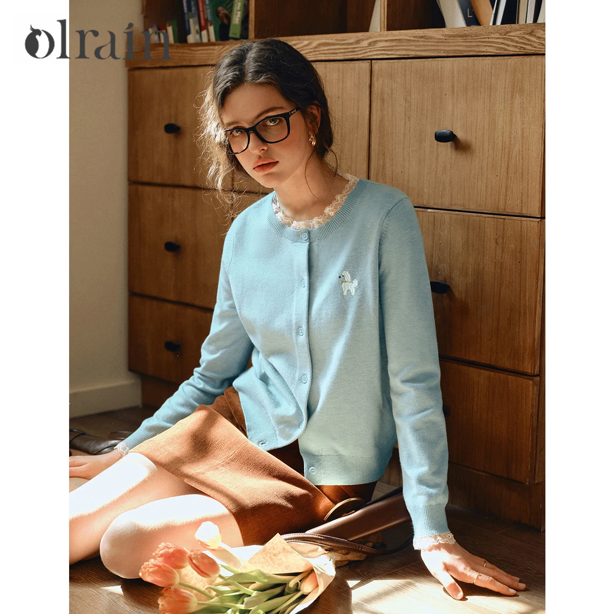 

OLrain Women's Lace Trim Blue Knit Cardigan Autumn 2025 French Style Lightweight Elegant Versatile Long Sleeves Top O57QM001208