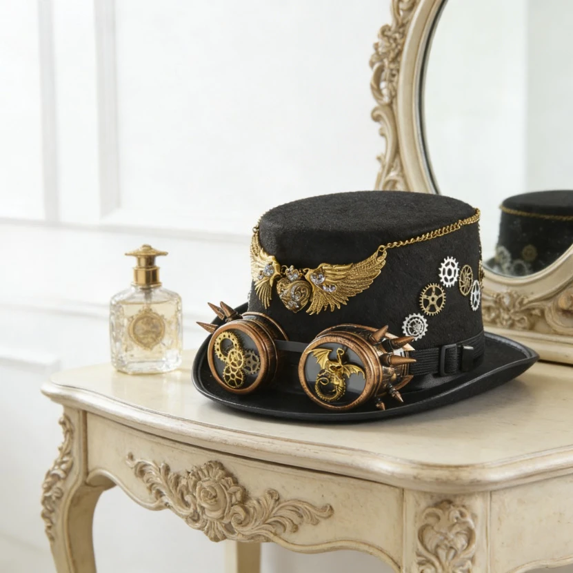 パンクシルクハットビクトリア朝スタイルヴィンテージゴーグルデザインダークゴシックコスプレパーティーコスチューム帽子