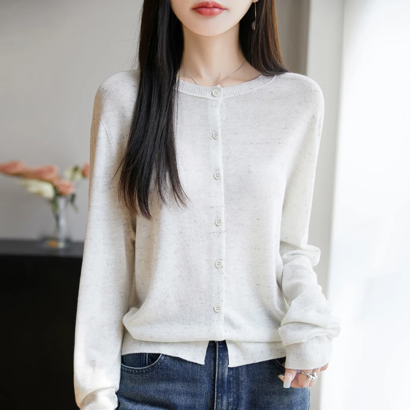 Wiosna Nowy wełniany kardigan z dzianiny damska Okrągły dekolt Luźna kurtka Moda Kolorowa przędza Sweter z długim rękawem Casualowy cienki płaszcz