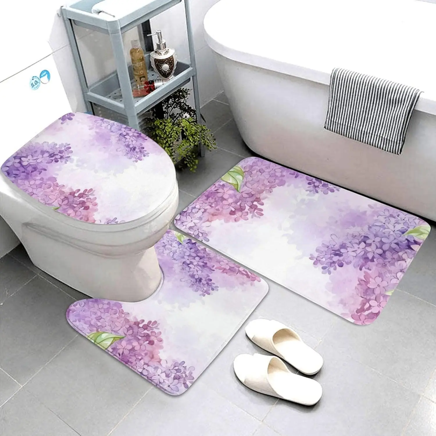 Lilac Flowers in Blossom Bathroom Rugs Sets 3 Piece, Non Slip Absorbent Bath Rug U-Shaped Contour Toilet Rug with Toilet Cover