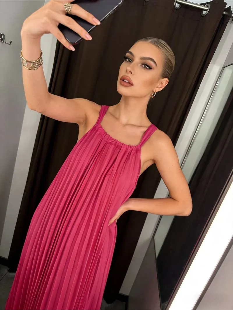 

Элегантное праздничное плиссированное платье без рукавов на бретельках для женщин, милое, стройнящее, А-силуэта, длинное, в нежном стиле, макси-платье для пляжа