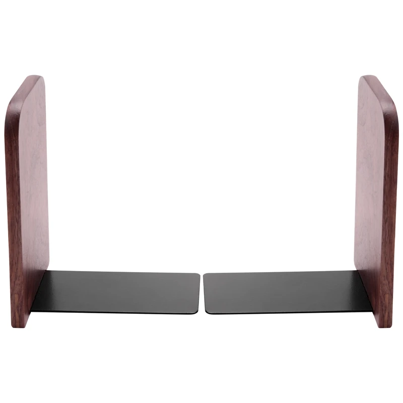 

2Pcs Wooden Bookends With Metal Base Heavy Duty Black Walnut Book Stand With Anti-Skid Dots For Office Desktop Or Shelves