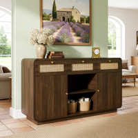 Sideboard Chest Of Drawers 120cm Walnut Tree, Drawer Cabinet With Rattan & Gold Handles,  Height Adjustable Shelves