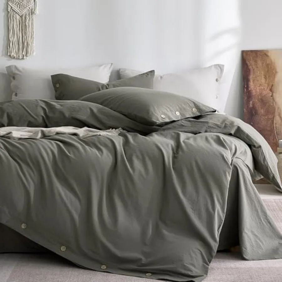 

100% Washed Cotton Duvet Cover Twin Soft, Breathable Linen-Look Bedding with Natural Wrinkle Texture, Button Closure, 2-Piece S