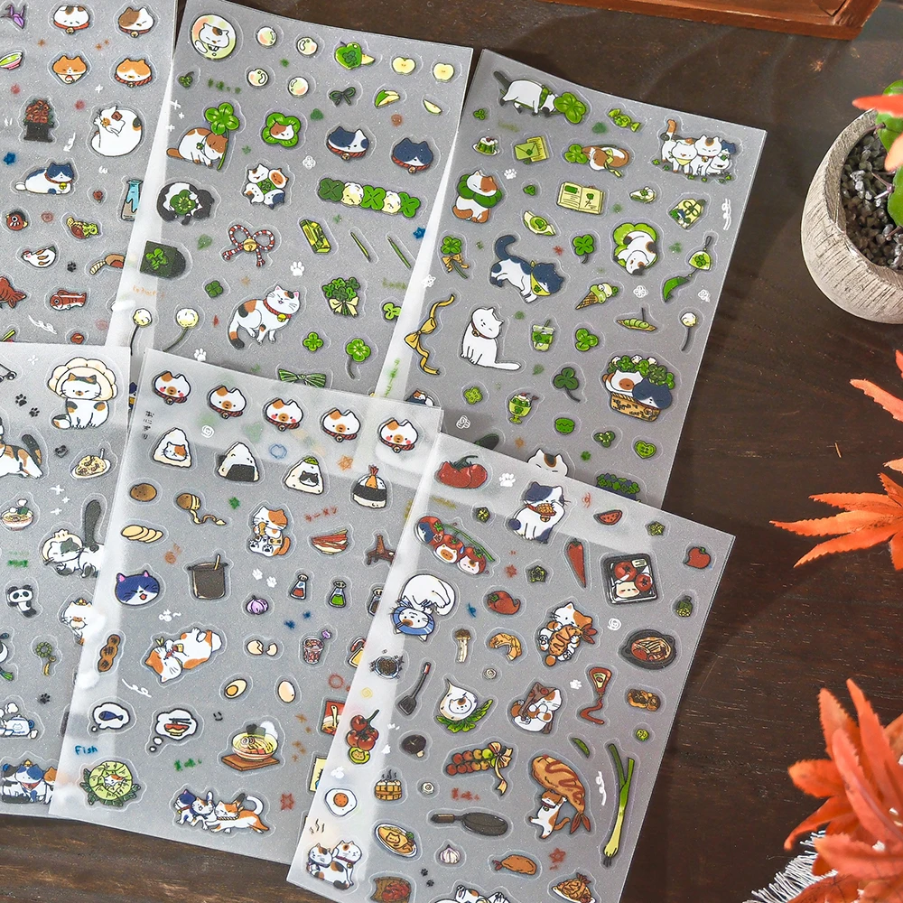 4 Beutel entzückende PET-Aufkleber mit Haustieren und Lebensmitteln, präziser Schnitt für Scrapbooking, Diy, Journaling, Dekorieren, Handyhülle, Laptop