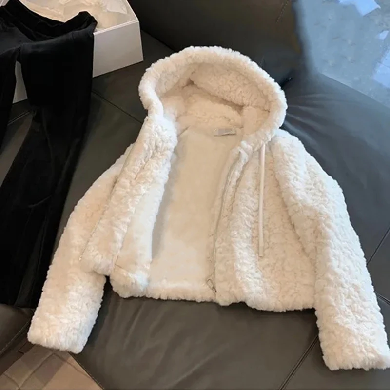 Faux Fur Lamb Hooded Jacket Women Winter Thick Warm Hairy Crop Coat Y2K Loose Streetwear Long Sleeve Zipper Fur Outerwear