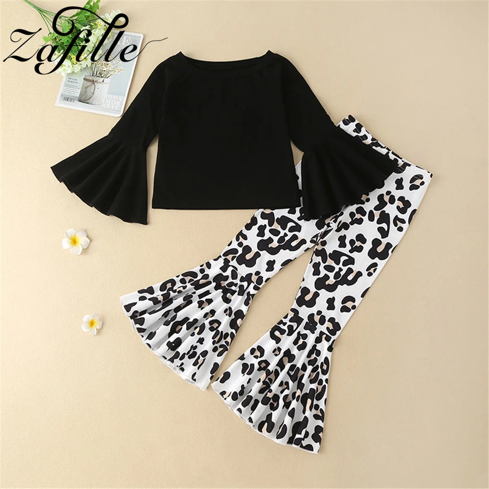 ZAFILLE 2023 Fashion Kids Toodler Girls Clothes Solid Top+Leopard Pants Long Sleeve Girls Costume Cotton Children's Outfits 2Pcs