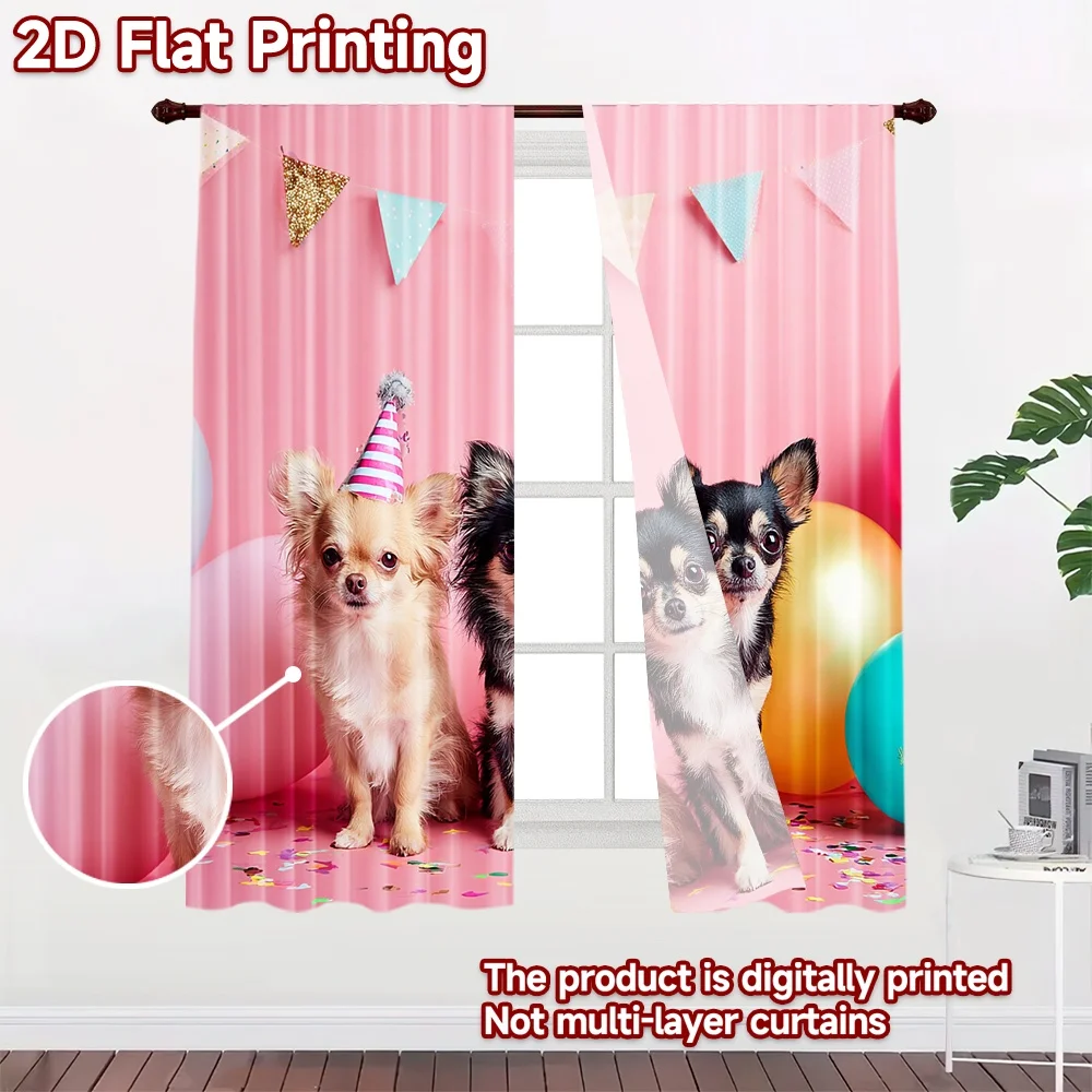 2D flat printing 2pcs Party Window Curtains Cute Chihuahuas Party Animals Birthday Digital Printed Polyester Drapes Festive
