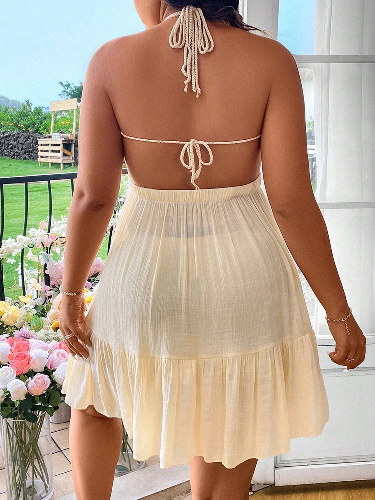 Strand-Kleid in Übergröße, gehäkelt, schulterfrei, gestrickt, Spleißen, buntes Muster, tiefer V-Ausschnitt, Tunika, Strandkleidung, hohles Bikini-Vertuschungskleid