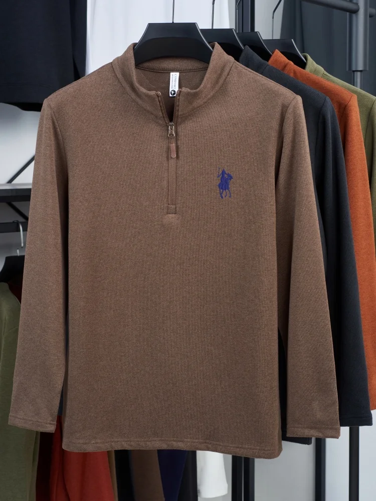 فاخر خريف شتاء جديد على الوجهين المخملية الدافئة سستة طويلة الأكمام الرجال العلامة التجارية الأكثر مبيعا رائعة المهر تي شيرت مطرز