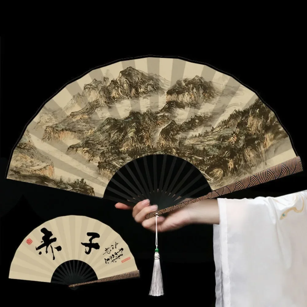 Sprinkled Gold Cloud Pattern Handle Folding Fan Carved 10 in Antique-style Folding Fan with Tassel Silk Cloth Fan Panel