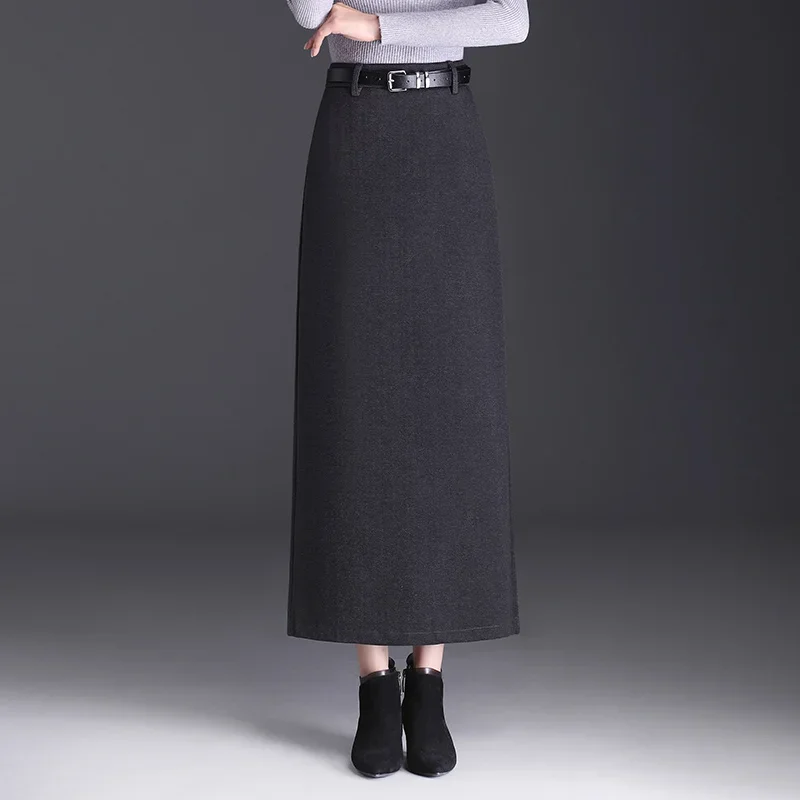 SUCH AS SU Women Fall Winter Woolen Black Gray A-Line Skirt High Waist Ladies S M L XL XXL 3XL Mid Long Pockets Skirts Female