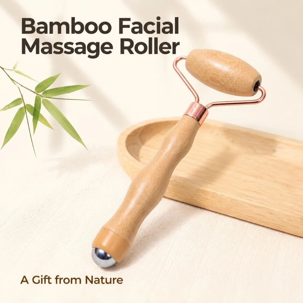 Bamboo Wood Face Massage Roller Dual End Curved Bracket Handheld Roller Polished Handle Metal Ball Skin Care Roller Eye Care