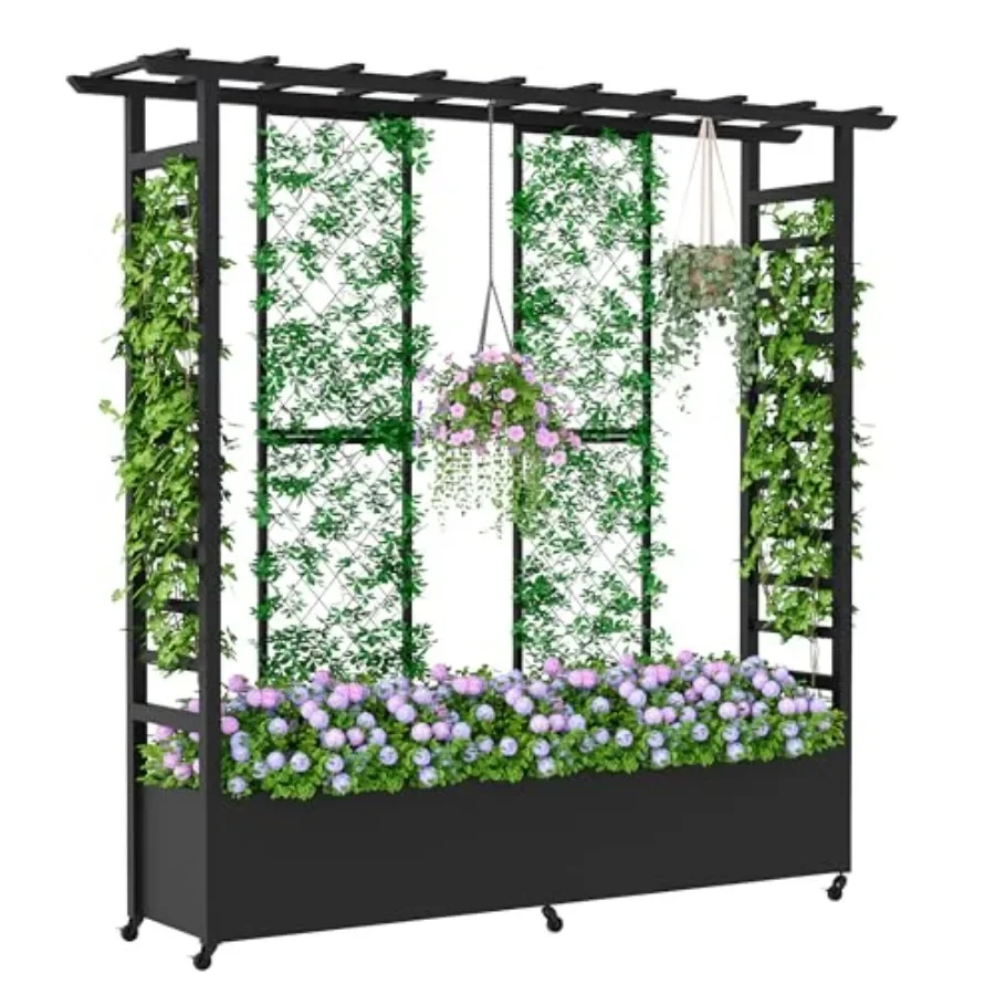 Raised Garden Bed with Trellis and Hanging Roof, Weatherproof Metal Planter Box with Wheels, Garden Arch Trellis for Outdoor Cl