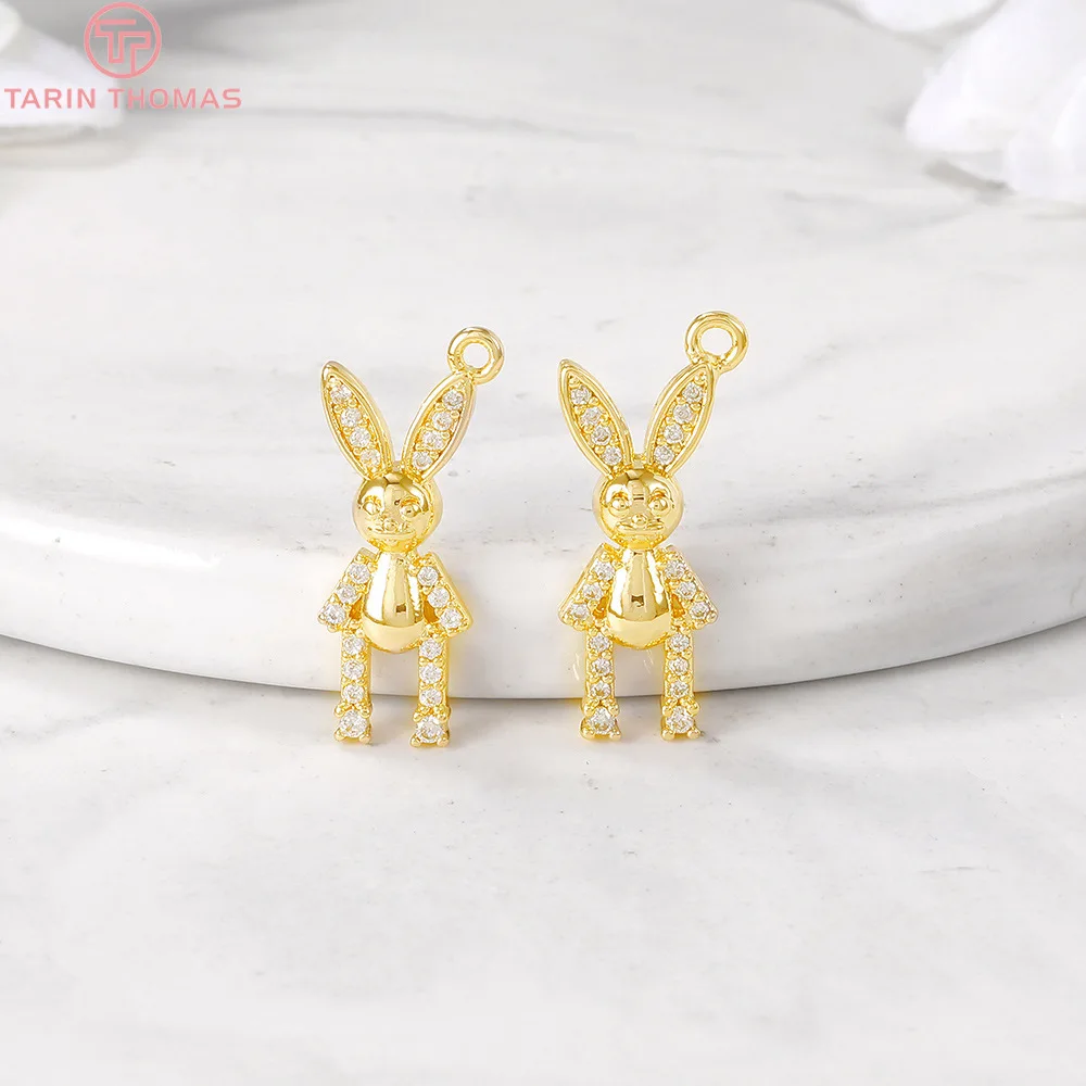 (1151)9x20MM Hole 1.5MM 24K Gold Color Brass with Zircon Rabbit Charm Pendants for DIY Jewelry Making Findings Accessories